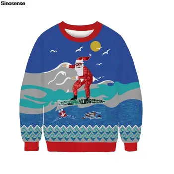 Erkek Kadın Santa Sörf Çirkin Noel Kazak Süveter Tops 3D Komik Baskılı Noel Giyim Tops Kazak Noel Kazak