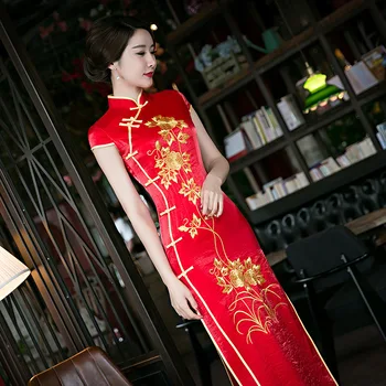 Kırmızı Kadın Çince Geleneksel Elbise Kırmızı Gelin düğün elbisesi Elbise Çin Ulusal Uzun Qipao Kadın Cheongsam Parti Elbise 18