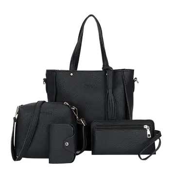 Yaz Yeni 4-Pack Kadın cüzdan Ve çanta seti Düz Renk PU Deri Satchel Çanta omuzdan askili çanta Çanta Moda Basit Mektup çanta