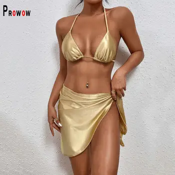 Prowow Seksi Ayrılmış Kadınlar Bikini Set Saten Etek Cover-up Üç Parçalı Mayolar 2022 Yeni Yaz Plaj Kıyafetleri Mayo