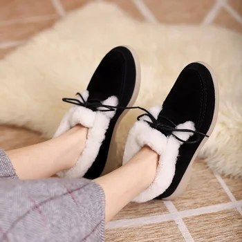 Kadife Astar 2022 Yeni Yuvarlak Ayak Ayakkabı Sonbahar Kış Kar Botları Üzerinde Kayma / lace Up Moda İnek Derisi Yün Kadın Ayakkabı Yüksek Kalite