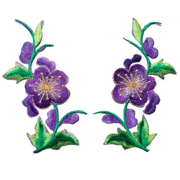 2 ADET Mor Çiçekler Yapraklar Güller Dikmek Demir On Yamalar Giysi İçin İşlemeli Rozetler DIY Aplikler Craft Dekorasyon