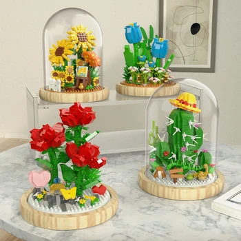 Yapı Taşları Çiçek DIY Gül ve Krizantem Saksı Buket Ev Dekorasyon 3D Modeli Çiçek Blok Kız Hediye çocuk Oyuncakları