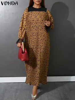 Bohemian tatil elbisesi 2022 VONDA Kadınlar Mesh Patchwork Yaz Elbise Seksi Leopar Baskılı Pilili Uzun Kollu Maxi Parti Vestidos