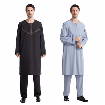 Moda Erkek Kıyafetleri Ayarlar Katı Thobe Thawb Kaftan Uzun Kollu Kıyafetler Dubai Orta Doğu İslam Arapça Juba Homme Nedensel Müslüman 