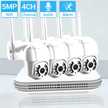 5MP HD Kablosuz CCTV Sistemi Kamera Kiti İki Yönlü Ses Gece Görüş PTZ WİFİ IP Güvenlik Kamera 4CH P2P NVR Video Gözetim Kiti