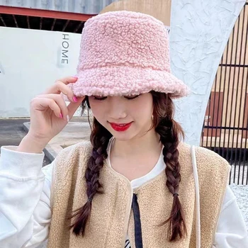 Kış Yün Kürklü Şapka lambswool Kova Şapka Kadınlar İçin Düz Renk Balıkçı Şapka Unisex Düz Üst Yuvarlak Şapka Sarı Pembe Haki Kapaklar