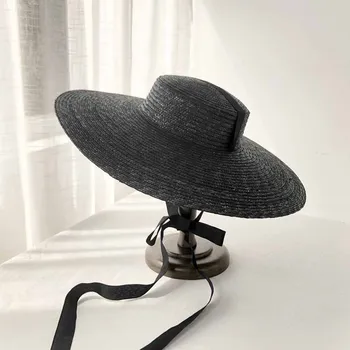 Büyük Ağız Buğday Hasır Şapka yazlık şapkalar Kadınlar İçin 10cm / 15cm / 18cm Ağız Siyah ve Beyaz Kurdele Plaj Kap Şapka Düz Üst güneş şapkası