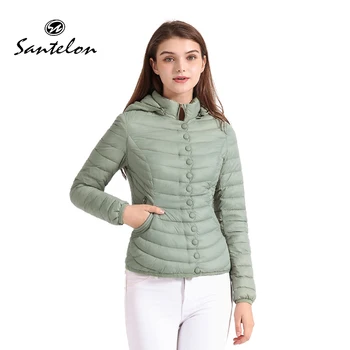 SANTELON Kadınlar Zarif Moda Tasarım Yastıklı balon ceket Ceket Kadın Düz Açık Yeşil Sıcak pamuklu giysiler Ultralight Dış Giyim