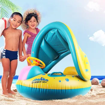 Bebek şişme yüzme simidi Karikatür Bebek Şamandıra Güvenli Koltuk Tekne Güneş Tente Su spor oyuncakları Bebek Aksesuarları Daire Şamandıra
