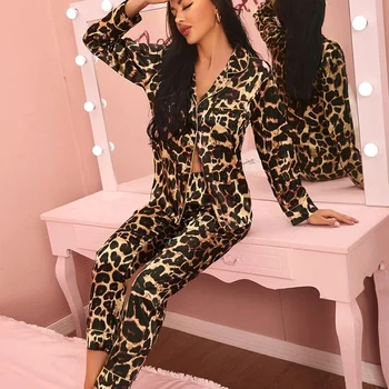 Seksi Leopar Baskı Pijama Yaz Kadın Uzun Kollu Pantolon Takım Elbise Tatlı kadın Ev Hizmeti İki parçalı Takım Elbise Pijama Kadın