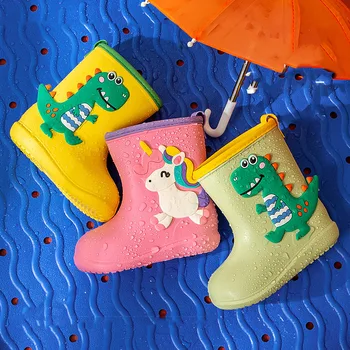 Çocuk yağmur ayakkabıları Sevimli Karikatür Dinozor Unicorn Yürüyor Çocuk Rainboots Yumuşak tabanlı kaymaz Erkek Kız yağmur çizmeleri Su Geçirmez
