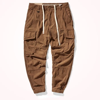 Kalın Amerikan retro kadife tulum rahat pantolon sonbahar ve kış Çok cep gevşek bacak pantolon erkekler