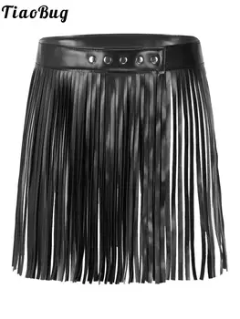 Tiaobug Bayan Moda Saf Siyah Suni deri 35/50/70 cm Saçaklı Etekler Ayarlanabilir Geniş Bel Püsküller Kalem Etekler Clubwears