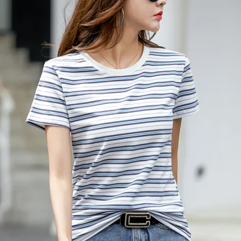 TuangBiang 2022 Yaz Marka Çizgili Pamuklu T-shirt Kadın O-boyun Rahat Tişörtleri Kadın Kısa Kollu Ofis Bayan Tüm Maç Üstleri