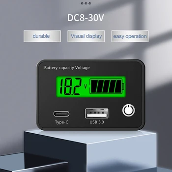 12V 24V Pil Kapasitesi Göstergesi Kurşun Asit Lityum Pil Seviyesi Test Cihazı Tip-C USB DC 8V - 30V Evrensel Dijital Gerilim Metre