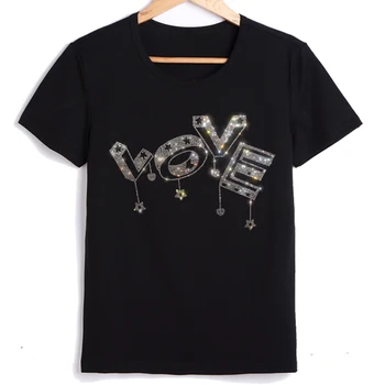 Kadın kısa kollu t-shirt Yaz Yuvarlak Boyun t shirt Kadın Kristal Aşk Mektubu Desen Pamuklu Kadın Giysileri 2022 Yeni Üstleri