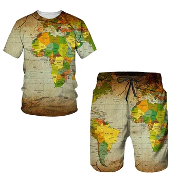 Yeni Yaz Moda Dünya Haritası T Shirt Setleri Koşu Kısa Kollu Spor Takım Elbise erkek Eşofman 3D Baskılı Harajuku Giyim 6XL