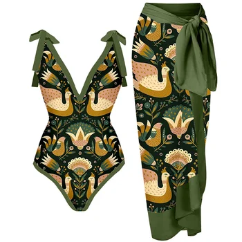 Yeşil Retro Şık Baskı Kravat Bikini Kadınlar Tek Parça Mayo ve Etek Yaz Derin v Beachwear Kadın Mayo Yüzme İnce