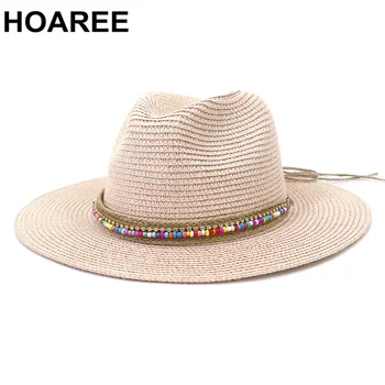 Pembe Panama Şapka Kadın Güneş Şapka Saman Plaj Fedora Yaz Şapka Geniş Ağız Sombreros