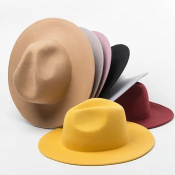 Kadın Fedora Şapka %100 % Yün Geniş Ağızlı Keçe Şapkalar Kış Fötr Kap Ezilebilir Domuz Pasta Şapka Bayanlar Disket Kilise Düğün Şapka Tabanı