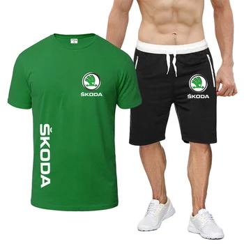 YENİ Skoda Logo Yaz Kısa kollu Yüksek sokak şort takım elbise Erkek Pamuk Harajuku Üstleri Rahat Spor T-Shirt Tees
