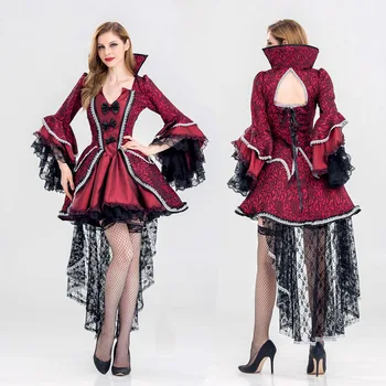 Deluxe Cadılar Bayramı Gotik Vampir Kraliçe Kostüm Cosplay Yetişkin Kadın Karnaval Fantasia Vampir Cosplay süslü elbise Takım Elbise