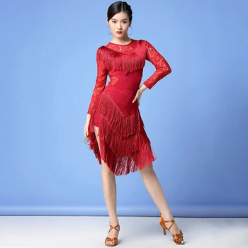 Yeni Kadın Dans Elbise Salsa Samba Giyim Uzun Kollu Spandex 2 Parça Saçaklar Latin Elbiseler Üst ve Kısa Etek