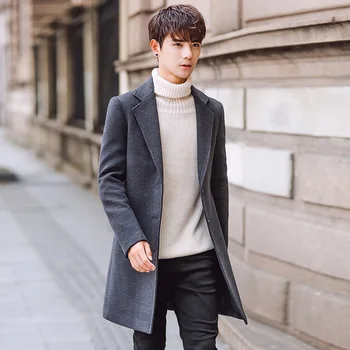 Yün Palto Erkekler Sonbahar Yeni Kore Tarzı Moda Trençkot Erkekler Slim Fit Büyük Boy Ceket Orta Uzunlukta Ceket Erkek Giyim