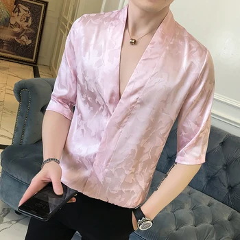Pembe Gömlek Erkek İpek Gömlek Lüks Camisa Sosyal Masculina Slim Fit Saten Siyah Gömlek Erkek Moda 2018 Japon Yaz Erkek