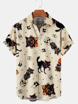 2022 Cadılar Bayramı Gömlek Unisex Kısa Kollu Kadın Bluz Erkek Gömlek Cadılar Bayramı Siyah Kedi Kafatası Logosu Y2K Vintage Elbise