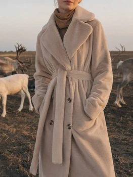 sunınheart Kış Kadın Yüksek Kalite Faux Tavşan Kürk Ceket Lüks Uzun Ceket Gevşek Yaka Palto Kalın Sıcak Kadın Peluş Mont