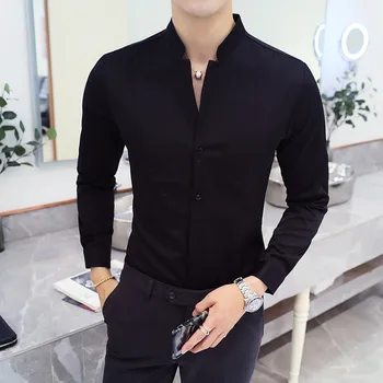 2022 Sonbahar erkek Standı Yaka Casual Gömlek Masculina Butik Uzun Kollu İnce erkek Düz Renk İş Elbise Gömlek Boyutu 5XL