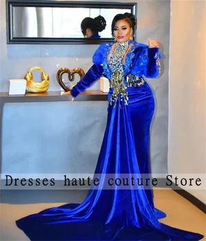 Aso Ebi Kraliyet Mavi Kadife Boncuklu Abiye 2023 Mermaid Afrika Düğün Parti Elbise İçin Uzun Kollu Elbiseler De Soirée