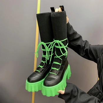 Gotik Çizmeler Kadın platform ayakkabılar Yüksek Diz Tayt Sneakers Lolita Chelsea Motosikletçi Çizme Zarif Socofy kadın Orta Buzağı