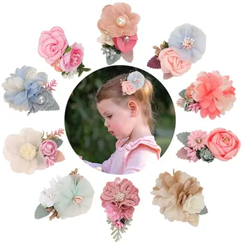 7.6 cm Yenidoğan Şifon Saç Klipleri Kızlar ipek çiçek Yaprakları Tokalar Şapkalar Bebek Çocuk İnci Tokalarım Toddles saç aksesuarları