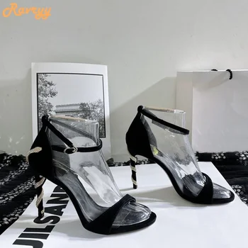 Yılan Sicim Stiletto topuklu sandalet Siyah Süet Bir Kelime Kemer Burnu açık Sandalet Kadın Moda Lüks ayakkabı Parti Ziyafet Sandalet
