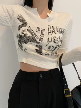 Uzun kollu Kırpılmış Üst Grunge Elbise Vintage Mektup T-shirt Estetik Elbise Kore Tarzı Şık İnce Sonbahar y2k Üst Streetwear