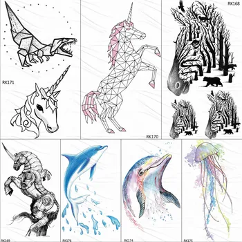OMMGO Geometrik Unicorn Dövme Geçici Dinozor Yunus Dövmeler Kağıt Çocuklar İçin Su Geçirmez Flaş Suluboya Zebra Dövme Etiket