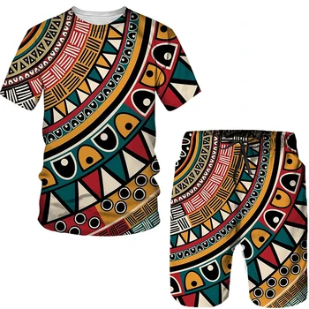 Afrika Baskılı kadın / erkek T-Shirt Setleri Moda Vintage Stil Eşofman / Üstleri / Şort Spor Ve Eğlence Yaz Erkek Takım Elbise