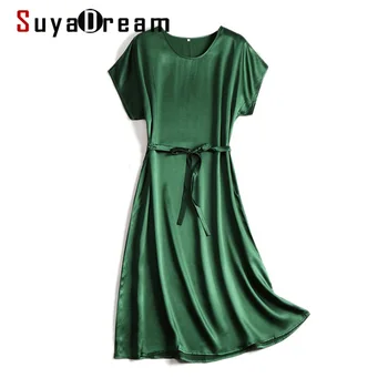 SuyaDream Kadın Midi Elbise 100 % İpek Saten Katı Yarasa Kollu Sashes Elbiseler 2022 İlkbahar Yaz Yeşil Siyah Şık Elbiseler