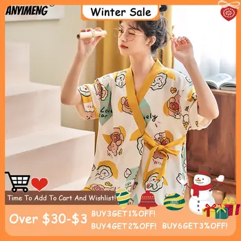2022 Yeni Moda Yaz Pijama Genç Kızlar için Kawaii Ayı Baskı Yumuşak Pamuklu Kimono Pijama Yay Süsleme Pijama Bayan için