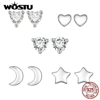 WOSTU 925 Ayar Gümüş Mini Yuvarlak Zirkon / Kalp Zirkon / Yıldız / Ay Küpe Damızlık Kadınlar İçin Doğum Günü Yıldönümü Takı Hediye