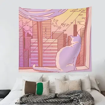Şehir Manzaralı Kedi Goblen Hippi Polyester Duvar Asılı Hayvan Pembe Anime Odası Dekorasyon Yoga Mat Sanat Halılar
