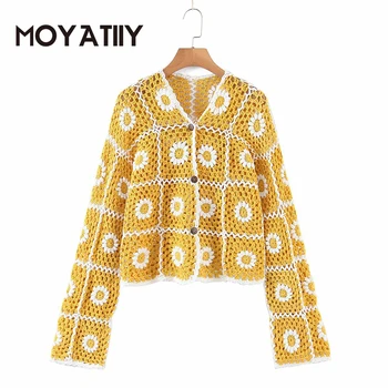 MOYATIIY Moda Kadın Bahar Sonbahar Hırka Kazak El Yapımı Tığ Güneş Çiçek Parttern Kazaklar Hollow Coats Dış Giyim Tops