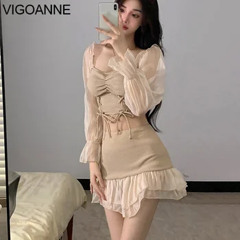 VigoCasey 2022 Katı Uzun Kollu Mayo Kadınlar Seksi Yüksek Bel Verge Etek Bikini Kore Slim Fit Mayo Yaz Mayo