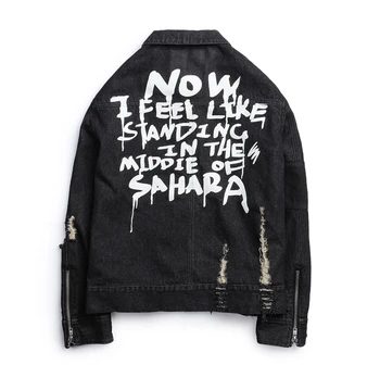 Harajuku Yıpranmış Kaya Baskı mektup Vintage siyah mavi denim ceket erkekler punk sudadera delik streetwear dantelli Yıkanmış