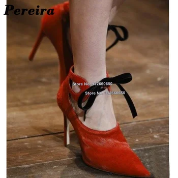 Pereira Lace up Yay Düğüm Topuklu Turuncu Beyaz Pompaları Sivri Burun Yüksek Topuklu Kadın Ayakkabı Topuk Katı Muhtasar Kadın Düğün Ayakkabı
