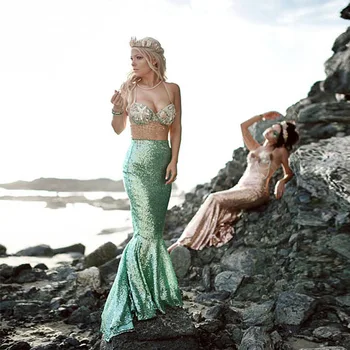 Sparkly Turkuaz Sequins Etek Yetişkin Pullu Mermaid Kuyruk Etekler Plaj Nişan Fotoğrafları Kostüm Deluxe Maxi Etek ile Tren