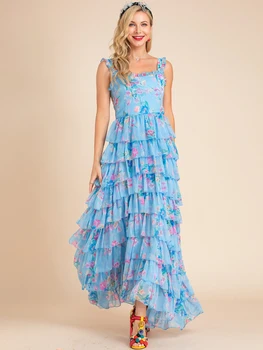 LD LINDA DELLA Yaz Boho Plaj Maxi Elbise kadın Spagetti Kayışı Basamaklı Fırfır Çiçek Baskı Uzun Mavi Tatil Elbise